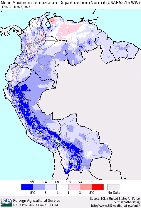 Northern South America Mean Maximum Temperature Departure from Normal (USAF 557th WW) Thematic Map For 2/27/2023 - 3/5/2023