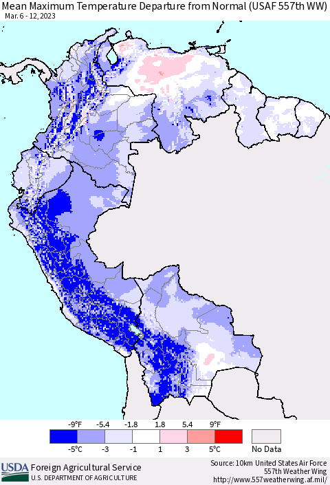 Northern South America Mean Maximum Temperature Departure from Normal (USAF 557th WW) Thematic Map For 3/6/2023 - 3/12/2023