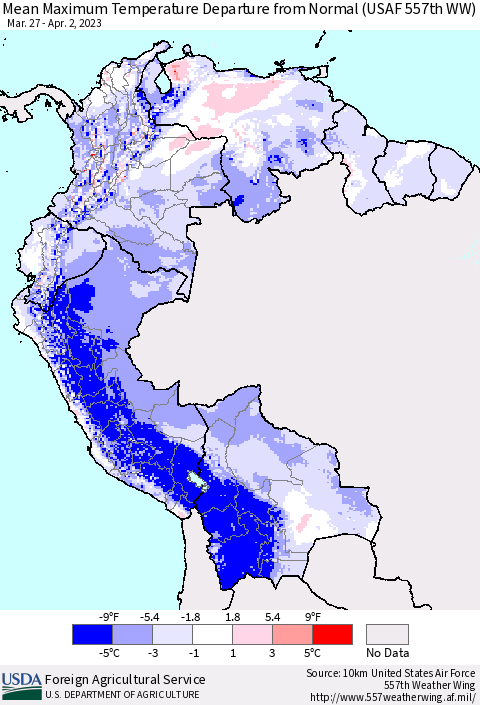 Northern South America Mean Maximum Temperature Departure from Normal (USAF 557th WW) Thematic Map For 3/27/2023 - 4/2/2023