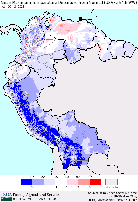 Northern South America Mean Maximum Temperature Departure from Normal (USAF 557th WW) Thematic Map For 4/10/2023 - 4/16/2023