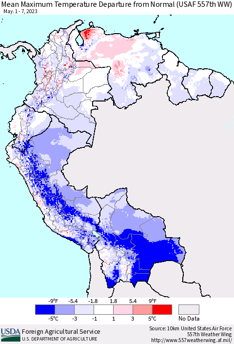 Northern South America Mean Maximum Temperature Departure from Normal (USAF 557th WW) Thematic Map For 5/1/2023 - 5/7/2023