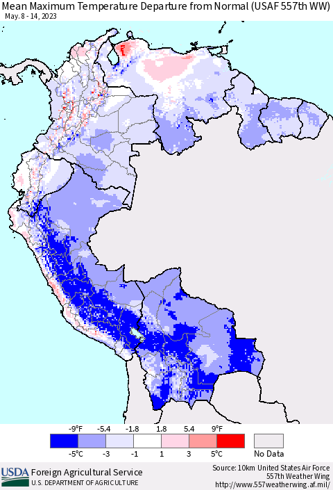 Northern South America Mean Maximum Temperature Departure from Normal (USAF 557th WW) Thematic Map For 5/8/2023 - 5/14/2023