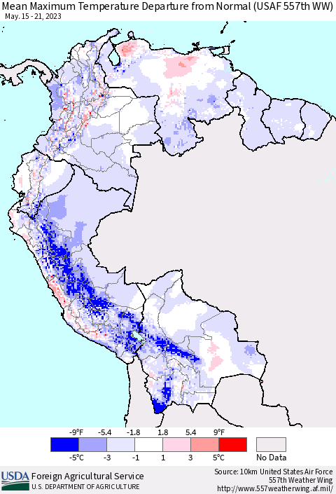 Northern South America Mean Maximum Temperature Departure from Normal (USAF 557th WW) Thematic Map For 5/15/2023 - 5/21/2023