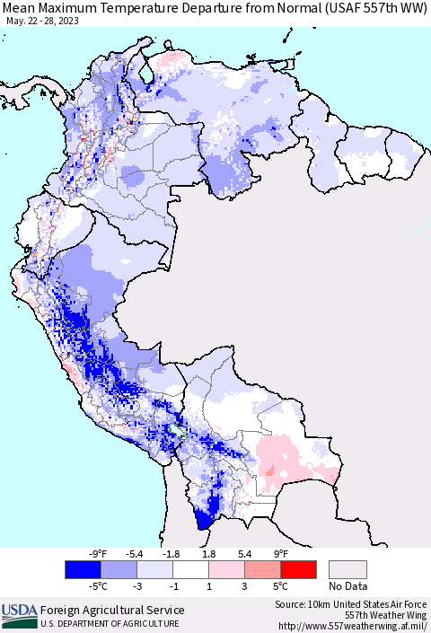 Northern South America Mean Maximum Temperature Departure from Normal (USAF 557th WW) Thematic Map For 5/22/2023 - 5/28/2023