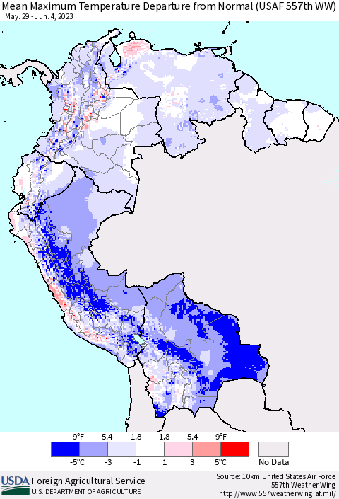 Northern South America Mean Maximum Temperature Departure from Normal (USAF 557th WW) Thematic Map For 5/29/2023 - 6/4/2023