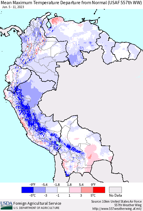 Northern South America Mean Maximum Temperature Departure from Normal (USAF 557th WW) Thematic Map For 6/5/2023 - 6/11/2023