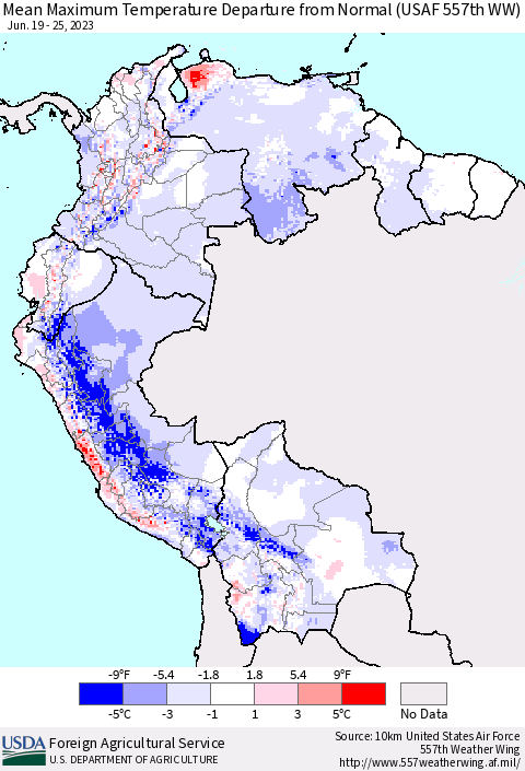 Northern South America Mean Maximum Temperature Departure from Normal (USAF 557th WW) Thematic Map For 6/19/2023 - 6/25/2023