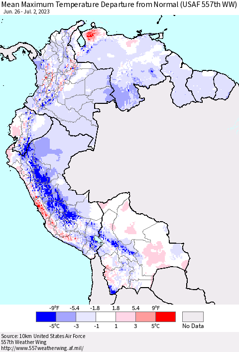 Northern South America Mean Maximum Temperature Departure from Normal (USAF 557th WW) Thematic Map For 6/26/2023 - 7/2/2023