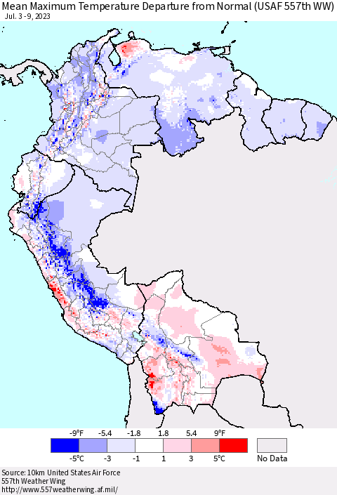Northern South America Mean Maximum Temperature Departure from Normal (USAF 557th WW) Thematic Map For 7/3/2023 - 7/9/2023