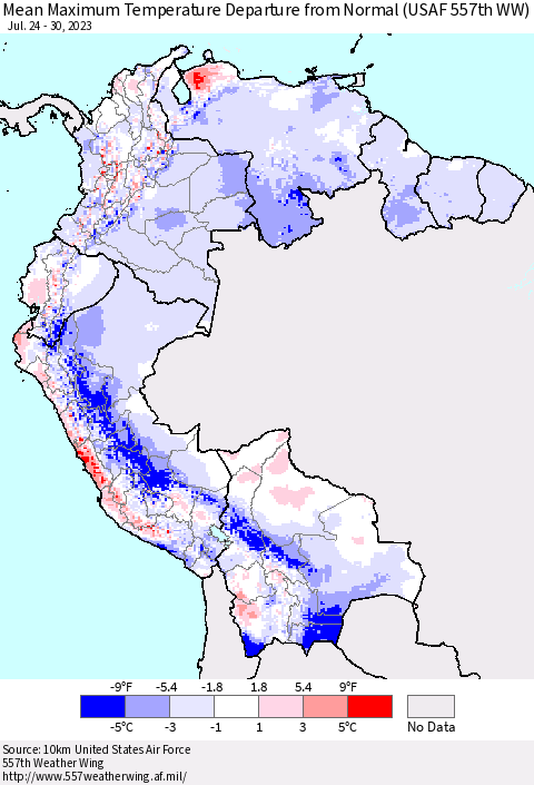 Northern South America Mean Maximum Temperature Departure from Normal (USAF 557th WW) Thematic Map For 7/24/2023 - 7/30/2023