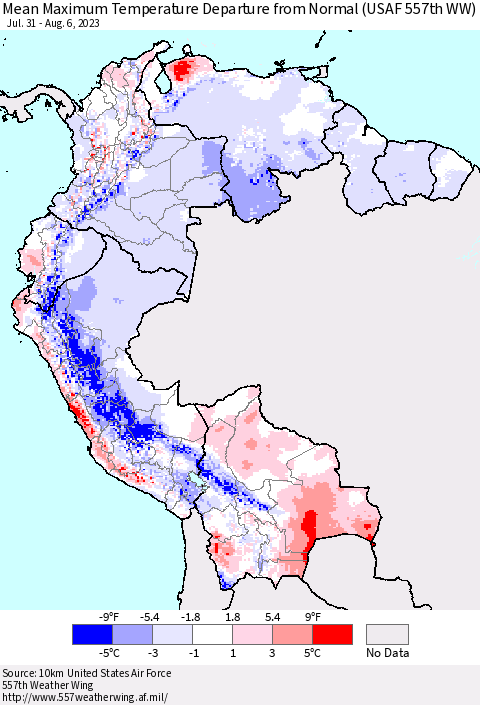 Northern South America Mean Maximum Temperature Departure from Normal (USAF 557th WW) Thematic Map For 7/31/2023 - 8/6/2023