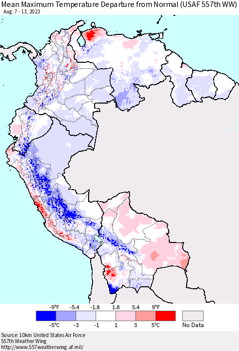 Northern South America Mean Maximum Temperature Departure from Normal (USAF 557th WW) Thematic Map For 8/7/2023 - 8/13/2023