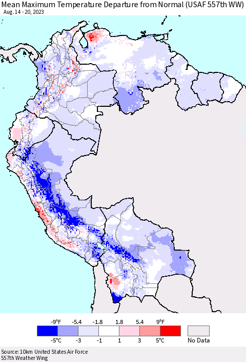 Northern South America Mean Maximum Temperature Departure from Normal (USAF 557th WW) Thematic Map For 8/14/2023 - 8/20/2023