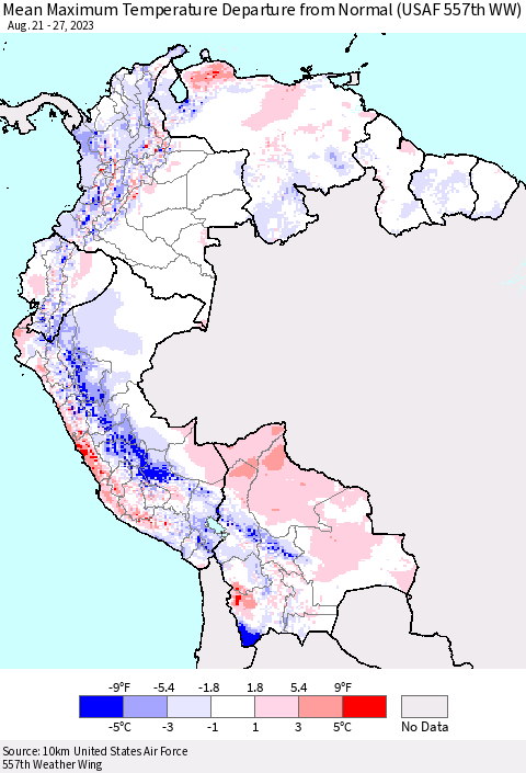 Northern South America Mean Maximum Temperature Departure from Normal (USAF 557th WW) Thematic Map For 8/21/2023 - 8/27/2023