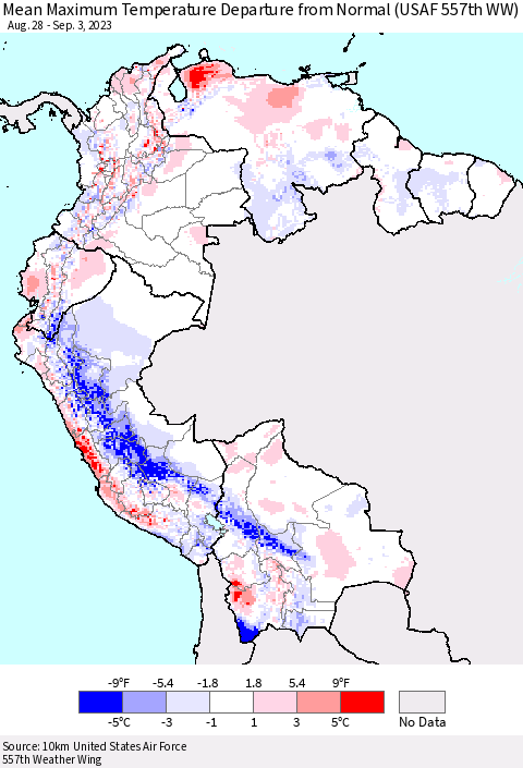 Northern South America Mean Maximum Temperature Departure from Normal (USAF 557th WW) Thematic Map For 8/28/2023 - 9/3/2023