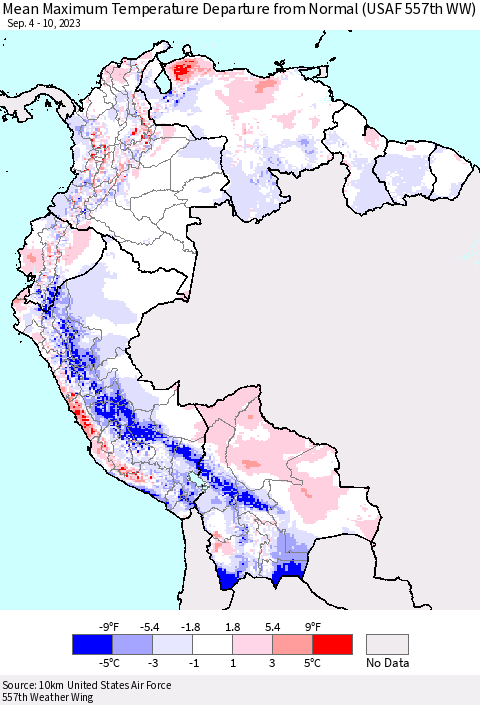 Northern South America Mean Maximum Temperature Departure from Normal (USAF 557th WW) Thematic Map For 9/4/2023 - 9/10/2023
