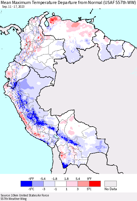 Northern South America Mean Maximum Temperature Departure from Normal (USAF 557th WW) Thematic Map For 9/11/2023 - 9/17/2023