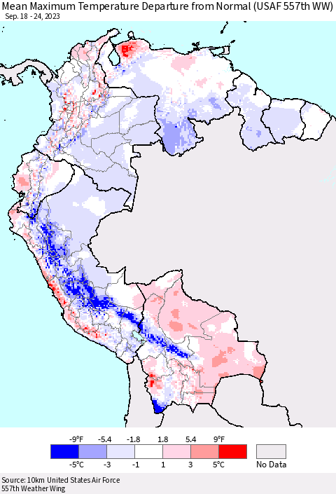 Northern South America Mean Maximum Temperature Departure from Normal (USAF 557th WW) Thematic Map For 9/18/2023 - 9/24/2023