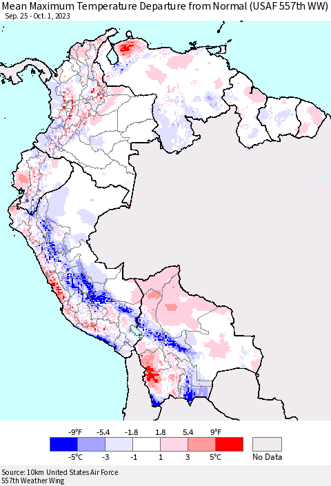 Northern South America Mean Maximum Temperature Departure from Normal (USAF 557th WW) Thematic Map For 9/25/2023 - 10/1/2023
