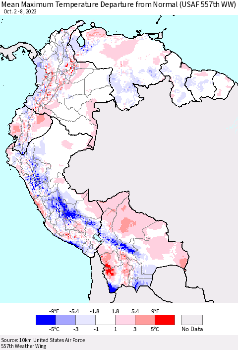 Northern South America Mean Maximum Temperature Departure from Normal (USAF 557th WW) Thematic Map For 10/2/2023 - 10/8/2023