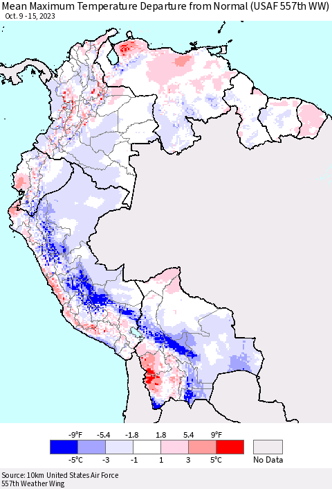 Northern South America Mean Maximum Temperature Departure from Normal (USAF 557th WW) Thematic Map For 10/9/2023 - 10/15/2023