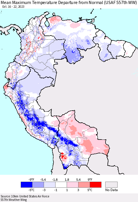 Northern South America Mean Maximum Temperature Departure from Normal (USAF 557th WW) Thematic Map For 10/16/2023 - 10/22/2023