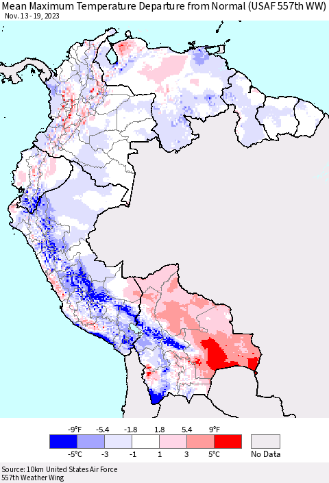 Northern South America Mean Maximum Temperature Departure from Normal (USAF 557th WW) Thematic Map For 11/13/2023 - 11/19/2023