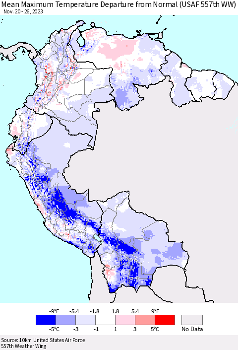 Northern South America Mean Maximum Temperature Departure from Normal (USAF 557th WW) Thematic Map For 11/20/2023 - 11/26/2023