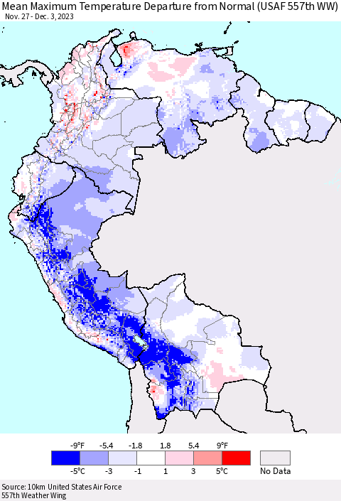 Northern South America Mean Maximum Temperature Departure from Normal (USAF 557th WW) Thematic Map For 11/27/2023 - 12/3/2023