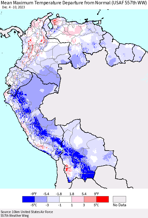 Northern South America Mean Maximum Temperature Departure from Normal (USAF 557th WW) Thematic Map For 12/4/2023 - 12/10/2023