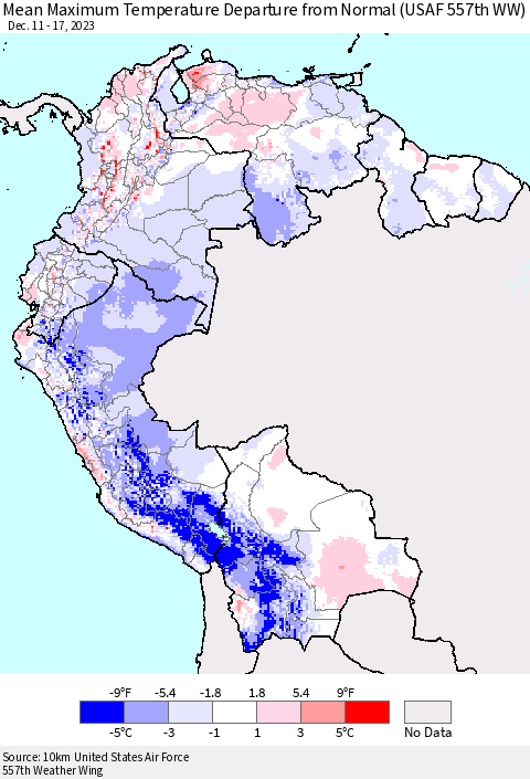 Northern South America Mean Maximum Temperature Departure from Normal (USAF 557th WW) Thematic Map For 12/11/2023 - 12/17/2023