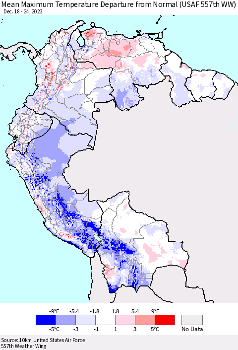 Northern South America Mean Maximum Temperature Departure from Normal (USAF 557th WW) Thematic Map For 12/18/2023 - 12/24/2023