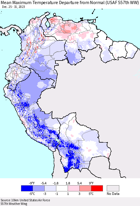 Northern South America Mean Maximum Temperature Departure from Normal (USAF 557th WW) Thematic Map For 12/25/2023 - 12/31/2023