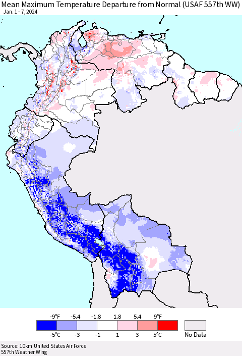Northern South America Mean Maximum Temperature Departure from Normal (USAF 557th WW) Thematic Map For 1/1/2024 - 1/7/2024