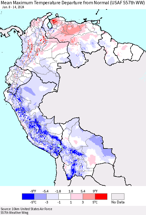 Northern South America Mean Maximum Temperature Departure from Normal (USAF 557th WW) Thematic Map For 1/8/2024 - 1/14/2024