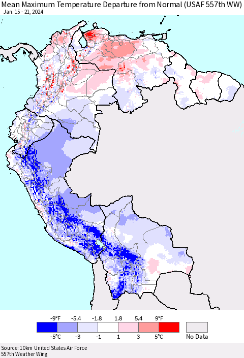 Northern South America Mean Maximum Temperature Departure from Normal (USAF 557th WW) Thematic Map For 1/15/2024 - 1/21/2024