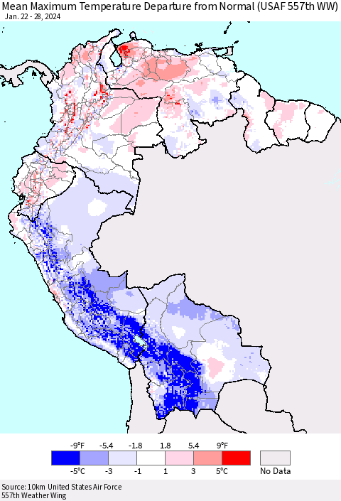 Northern South America Mean Maximum Temperature Departure from Normal (USAF 557th WW) Thematic Map For 1/22/2024 - 1/28/2024