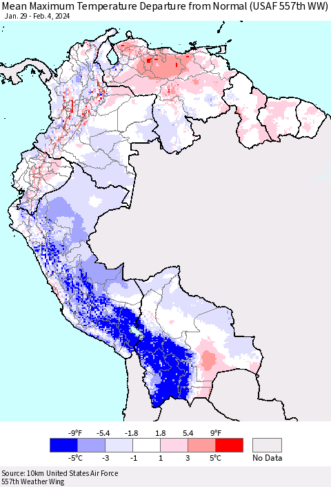 Northern South America Mean Maximum Temperature Departure from Normal (USAF 557th WW) Thematic Map For 1/29/2024 - 2/4/2024