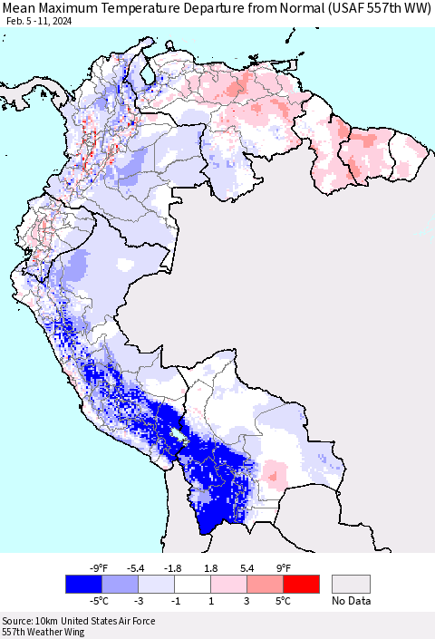 Northern South America Mean Maximum Temperature Departure from Normal (USAF 557th WW) Thematic Map For 2/5/2024 - 2/11/2024