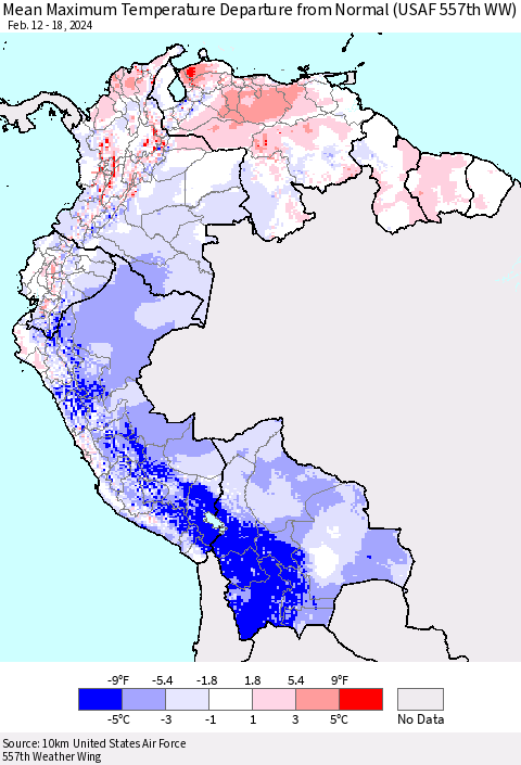 Northern South America Mean Maximum Temperature Departure from Normal (USAF 557th WW) Thematic Map For 2/12/2024 - 2/18/2024