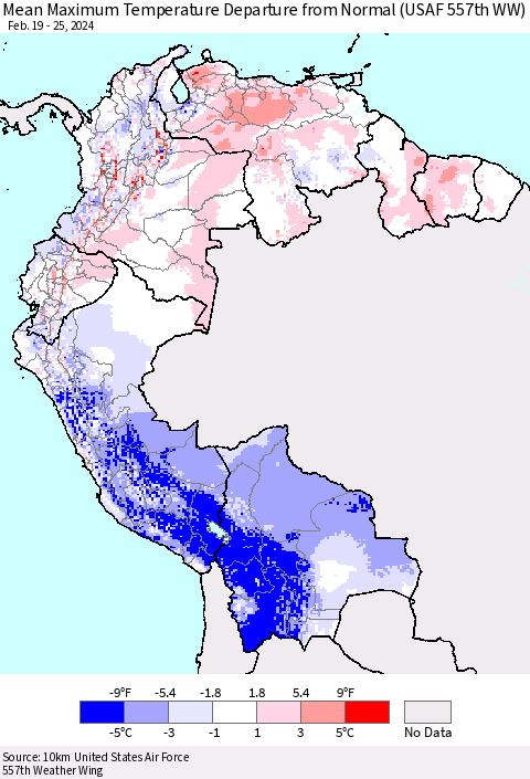 Northern South America Mean Maximum Temperature Departure from Normal (USAF 557th WW) Thematic Map For 2/19/2024 - 2/25/2024