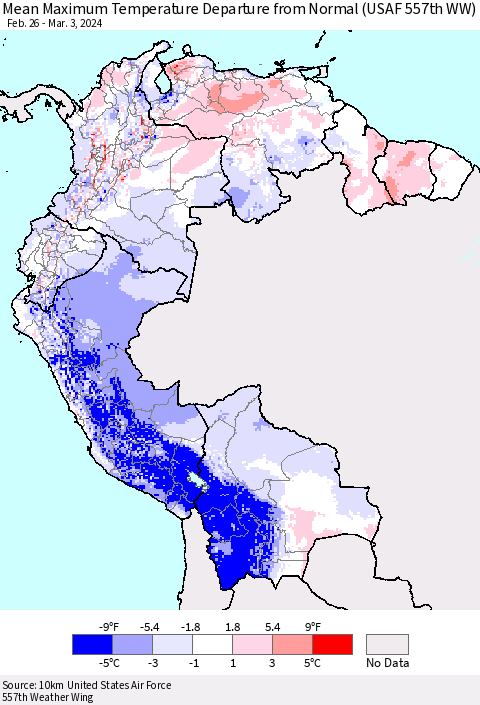 Northern South America Mean Maximum Temperature Departure from Normal (USAF 557th WW) Thematic Map For 2/26/2024 - 3/3/2024