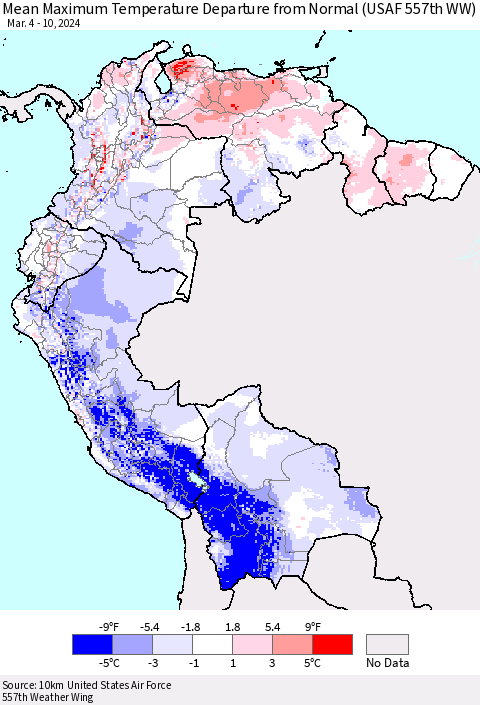 Northern South America Mean Maximum Temperature Departure from Normal (USAF 557th WW) Thematic Map For 3/4/2024 - 3/10/2024