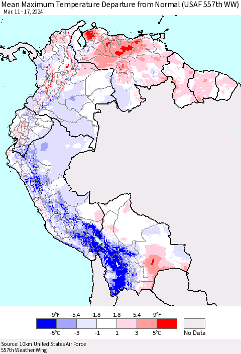 Northern South America Mean Maximum Temperature Departure from Normal (USAF 557th WW) Thematic Map For 3/11/2024 - 3/17/2024