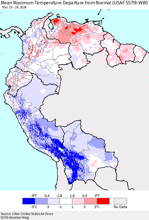 Northern South America Mean Maximum Temperature Departure from Normal (USAF 557th WW) Thematic Map For 3/18/2024 - 3/24/2024