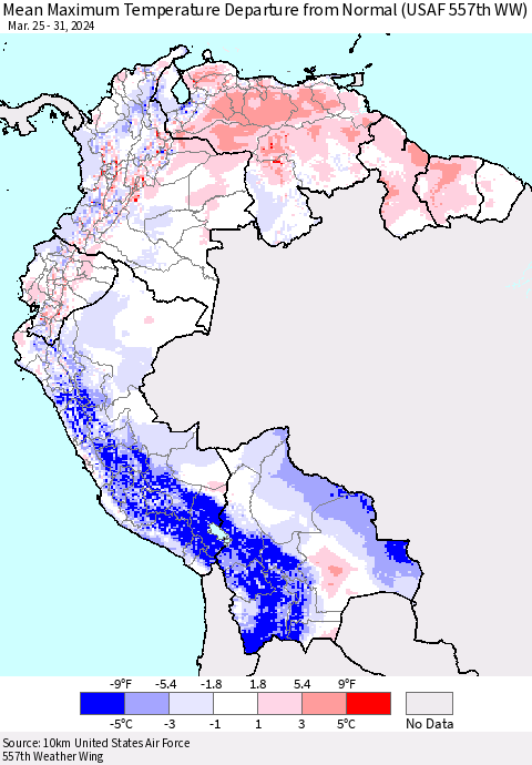 Northern South America Mean Maximum Temperature Departure from Normal (USAF 557th WW) Thematic Map For 3/25/2024 - 3/31/2024