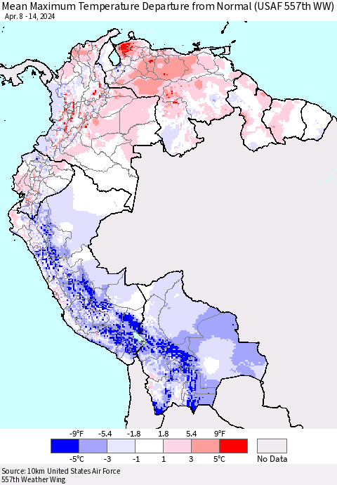 Northern South America Mean Maximum Temperature Departure from Normal (USAF 557th WW) Thematic Map For 4/8/2024 - 4/14/2024
