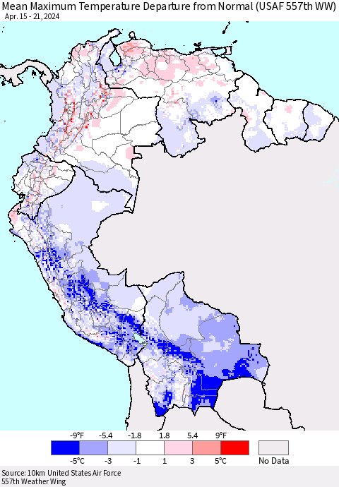 Northern South America Mean Maximum Temperature Departure from Normal (USAF 557th WW) Thematic Map For 4/15/2024 - 4/21/2024