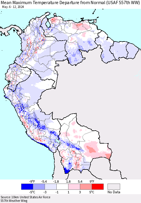 Northern South America Mean Maximum Temperature Departure from Normal (USAF 557th WW) Thematic Map For 5/6/2024 - 5/12/2024
