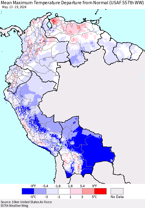Northern South America Mean Maximum Temperature Departure from Normal (USAF 557th WW) Thematic Map For 5/13/2024 - 5/19/2024